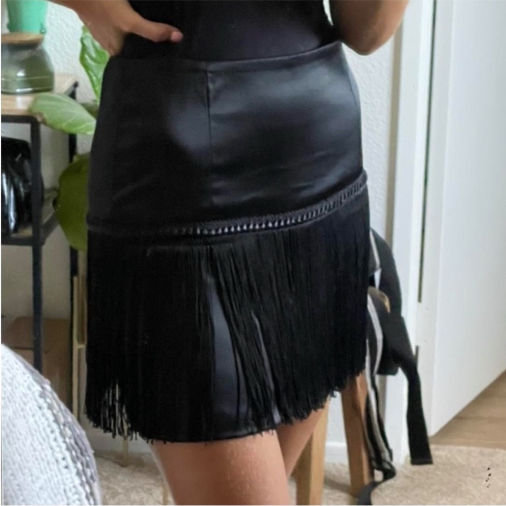 Cache Black Silky Shiny Satin Mini Skirt with Fringe
